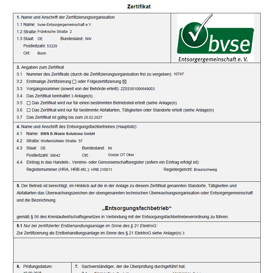 „Entsorgungsfachbetrieb“ gemäß § 56 des Kreislaufwirtschaftsgesetzes in Verbindung mit der Entsorgungsfachbetriebeverordnung